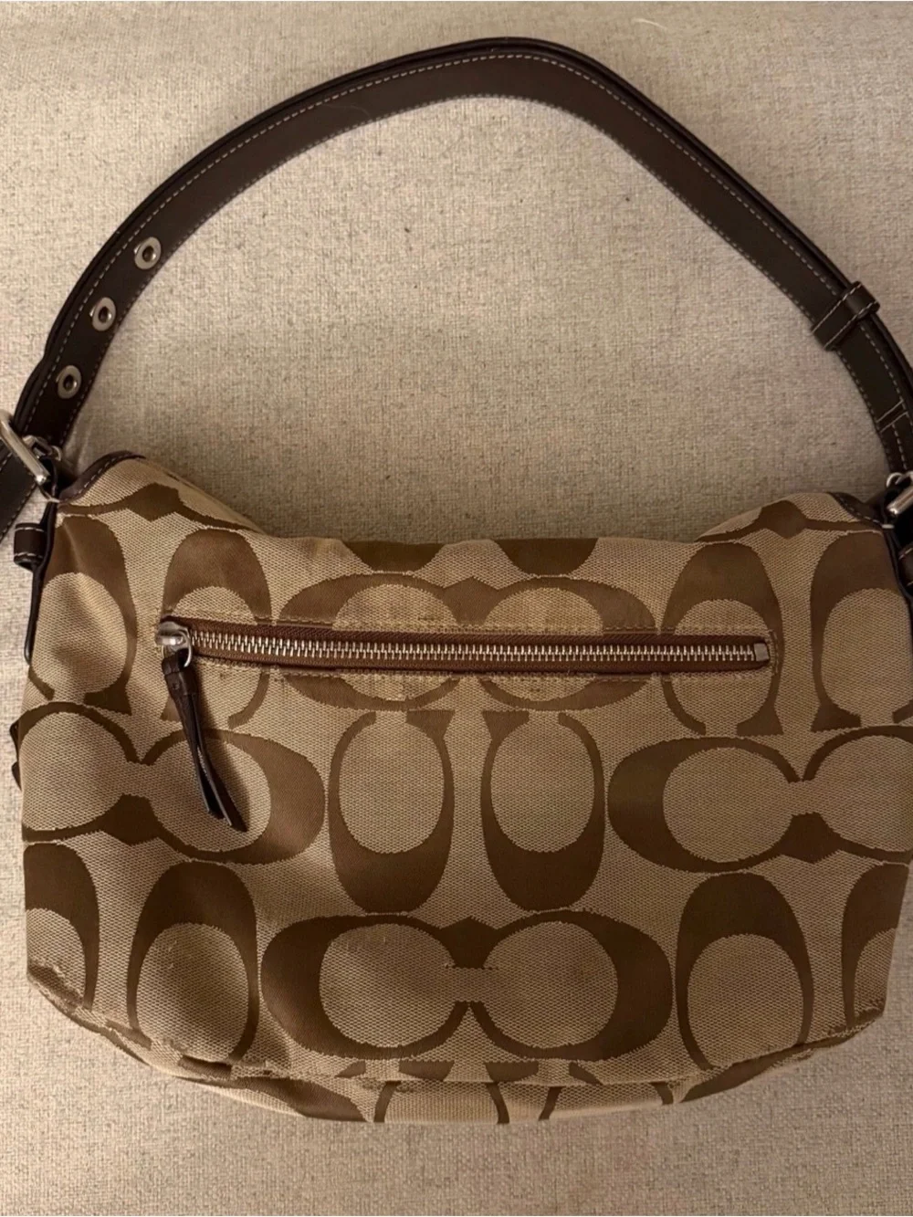 Coach Brown Signature Canvas Hobo with Dark Brown Leather Trim